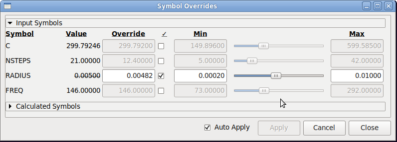 Symbol Overrides window tuning wire radius on a parametric Yagi